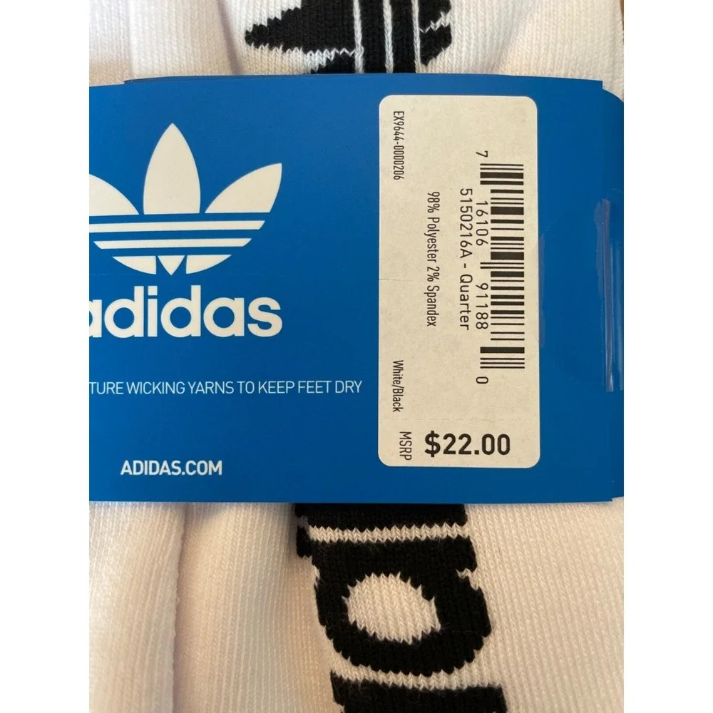Adidas Quarter Crew Socks Men's 6-12 White & Black‎ Logo 6-Pair Moisture Wicking
